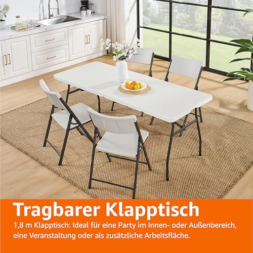 Amazon Basics Klapptisch, rechteckig, mit Tragegriff, für drinnen und draußen, tragbar, leicht, Reisetisch, Picknick, Camping, Weiß, 182 x 75 x 73 cm