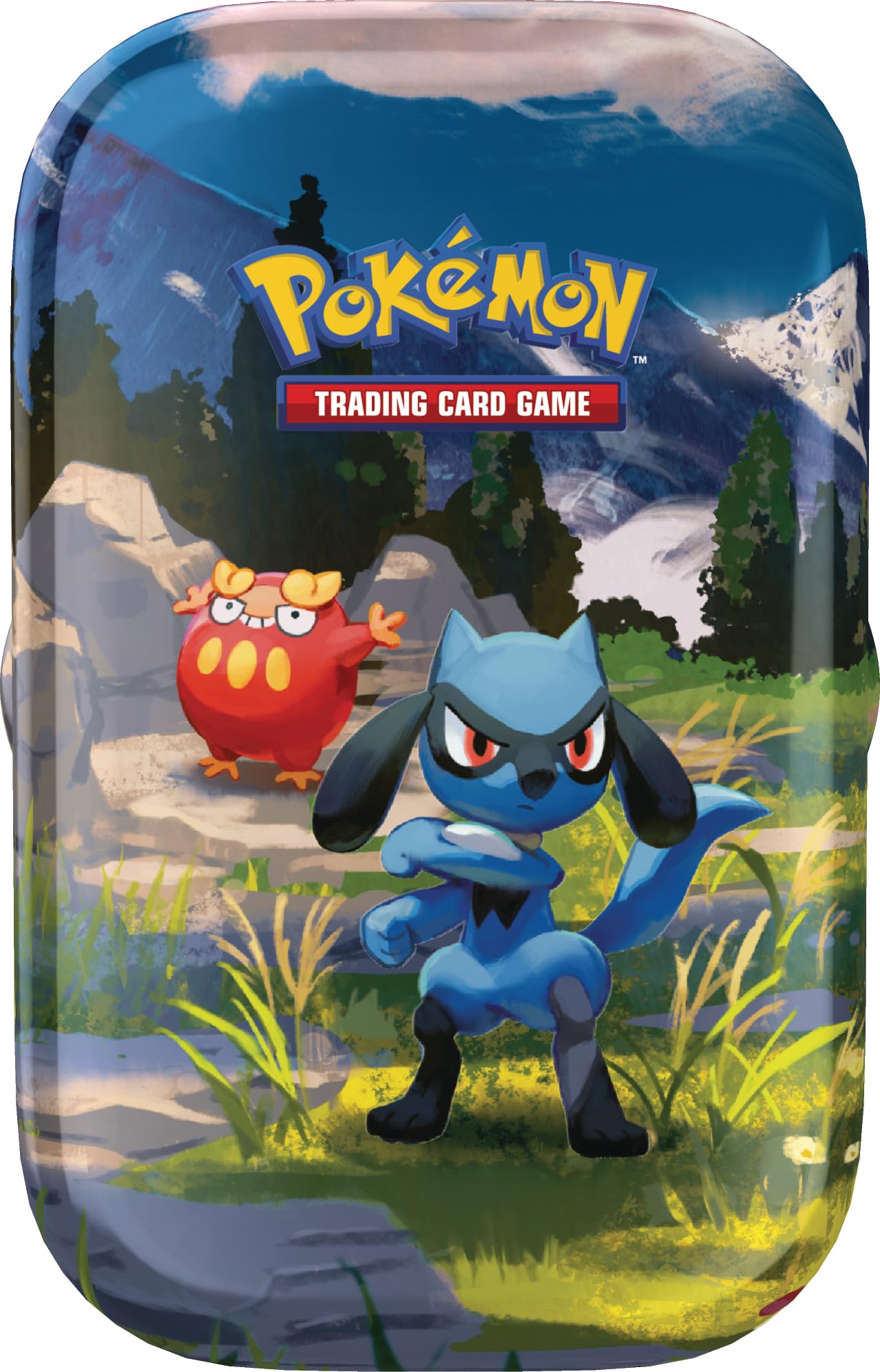 Pokémon-Sammelkartenspiel: Mini-Tin-Box Mega-Entwicklung – Erhabene Helden: Riolu und Flampion (1 Stickerbogen, 1 Pokémon-Bildkarte und 2 Boosterpacks)