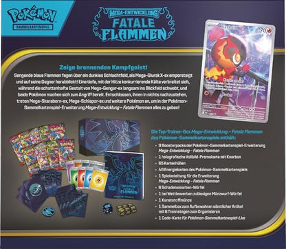 Pokémon-Sammelkartenspiel: Top-Trainer-Box Mega-Entwicklung – Fatale Flammen (1 Vollbild-Promokarte, 9 Boosterpacks & Zubehör)