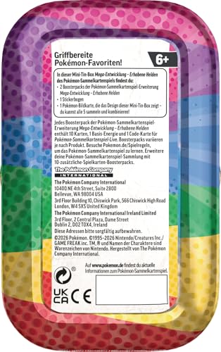 Pokémon-Sammelkartenspiel: Mini-Tin-Box Mega-Entwicklung – Erhabene Helden: Riolu und Flampion (1 Stickerbogen, 1 Pokémon-Bildkarte und 2 Boosterpacks)
