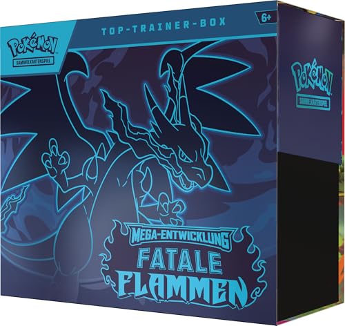 Pokémon-Sammelkartenspiel: Top-Trainer-Box Mega-Entwicklung – Fatale Flammen (1 Vollbild-Promokarte, 9 Boosterpacks & Zubehör)
