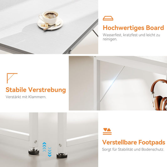 Coleshome Schreibtisch mit 3 Stoff Schubladen, 120x48cm Computertisch mit Kopfhörer Halter, Reversibler PC Schreibtisch Bürotisch für kleines Heimbüro, Weiß