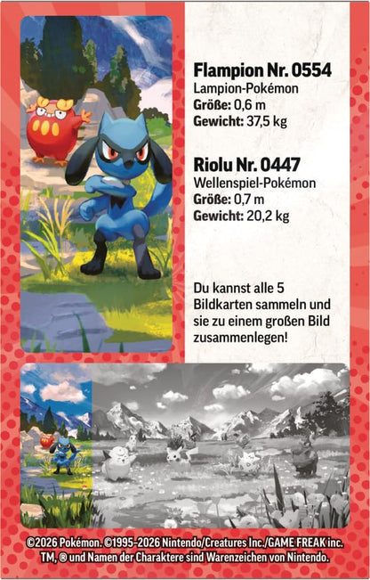 Pokémon-Sammelkartenspiel: Mini-Tin-Box Mega-Entwicklung – Erhabene Helden: Riolu und Flampion (1 Stickerbogen, 1 Pokémon-Bildkarte und 2 Boosterpacks)