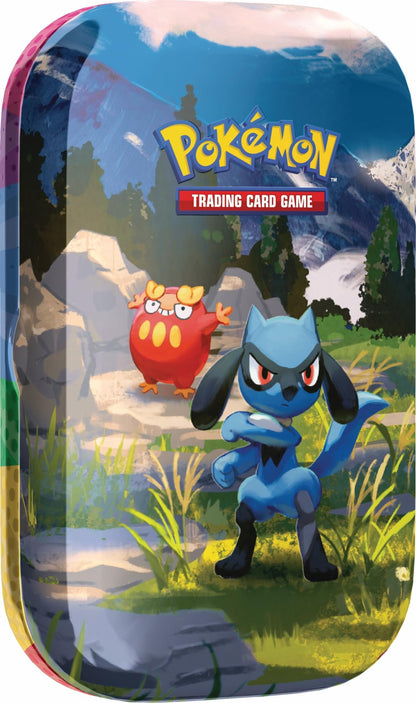 Pokémon-Sammelkartenspiel: Mini-Tin-Box Mega-Entwicklung – Erhabene Helden: Riolu und Flampion (1 Stickerbogen, 1 Pokémon-Bildkarte und 2 Boosterpacks)