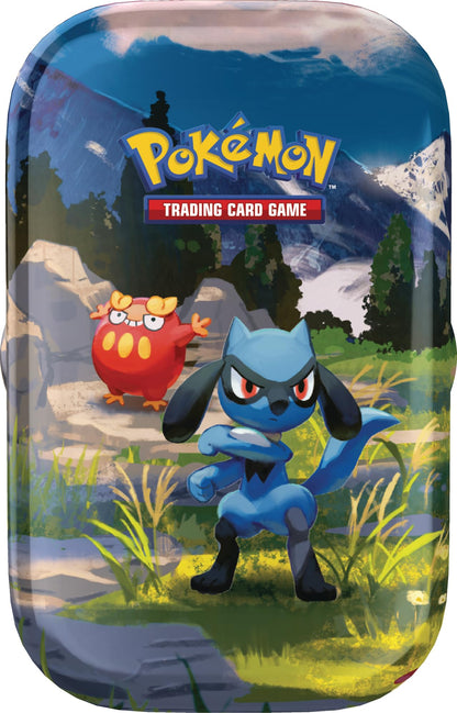 Pokémon-Sammelkartenspiel: Mini-Tin-Box Mega-Entwicklung – Erhabene Helden: Riolu und Flampion (1 Stickerbogen, 1 Pokémon-Bildkarte und 2 Boosterpacks)