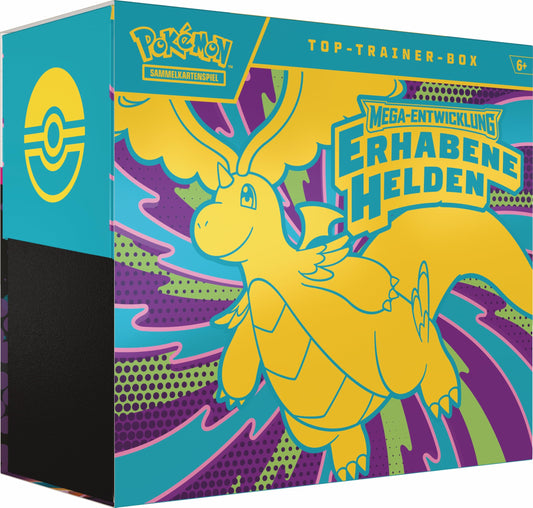 Pokémon-Sammelkartenspiel: Top-Trainer-Box Mega-Entwicklung – Erhabene Helden (1 Vollbild-Promokarte, 9 Boosterpacks & Premium-Zubehör)