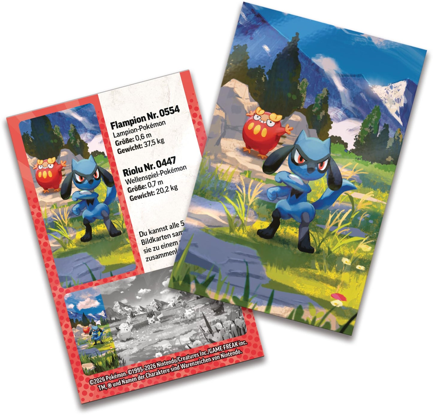 Pokémon-Sammelkartenspiel: Mini-Tin-Box Mega-Entwicklung – Erhabene Helden: Riolu und Flampion (1 Stickerbogen, 1 Pokémon-Bildkarte und 2 Boosterpacks)