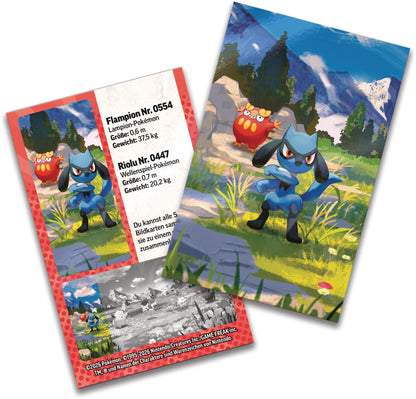 Pokémon-Sammelkartenspiel: Mini-Tin-Box Mega-Entwicklung – Erhabene Helden: Riolu und Flampion (1 Stickerbogen, 1 Pokémon-Bildkarte und 2 Boosterpacks)