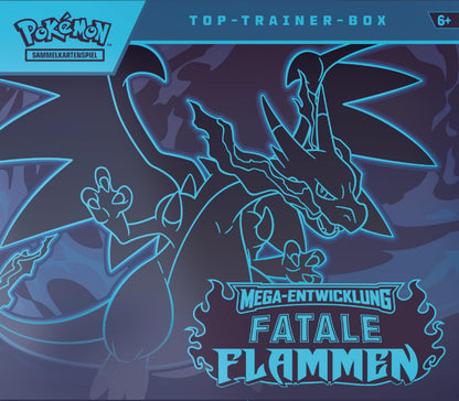 Pokémon-Sammelkartenspiel: Top-Trainer-Box Mega-Entwicklung – Fatale Flammen (1 Vollbild-Promokarte, 9 Boosterpacks & Zubehör)